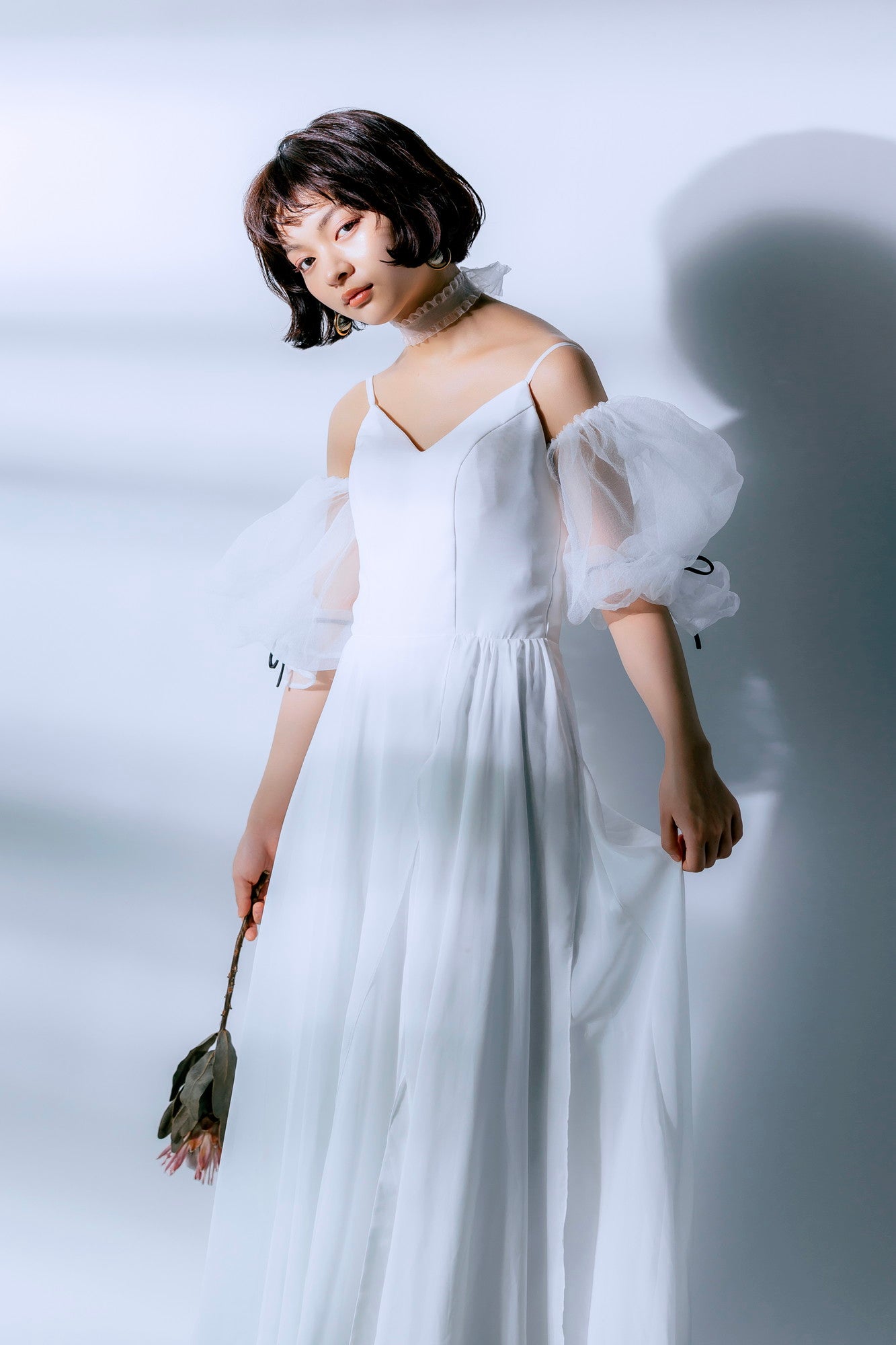 sheer puff sleeve dress(White)