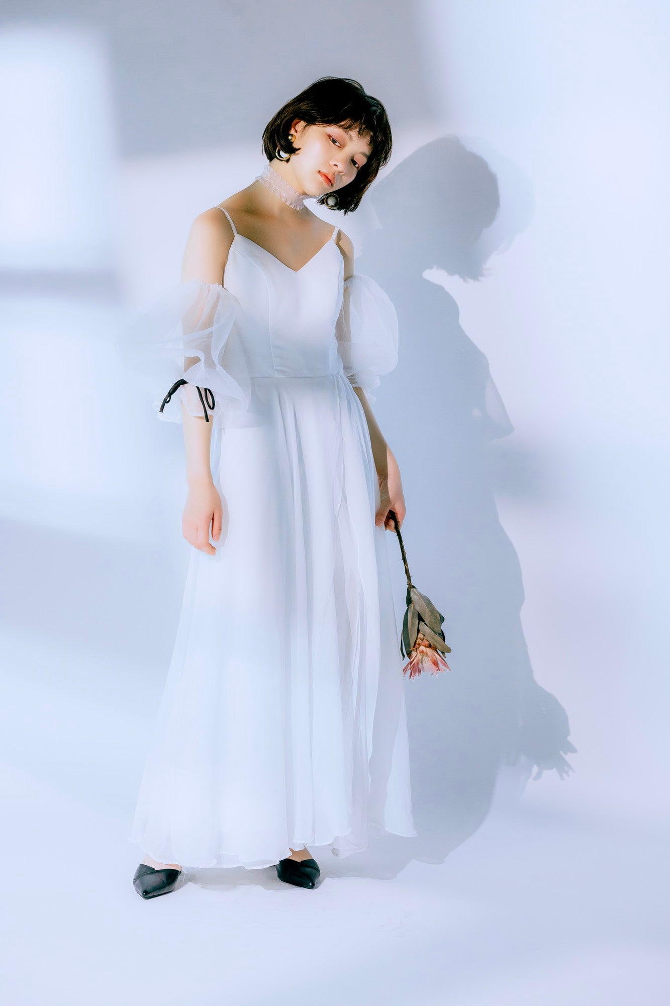 sheer puff sleeve dress(White)