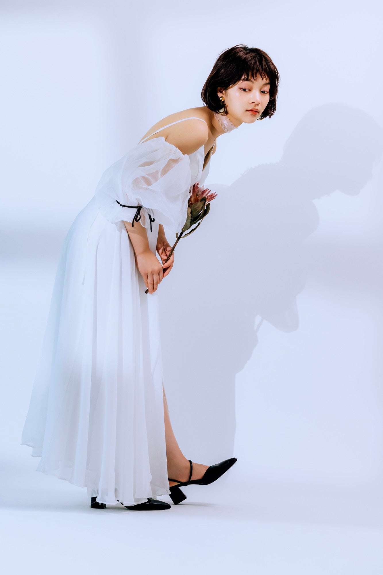 sheer puff sleeve dress(White)