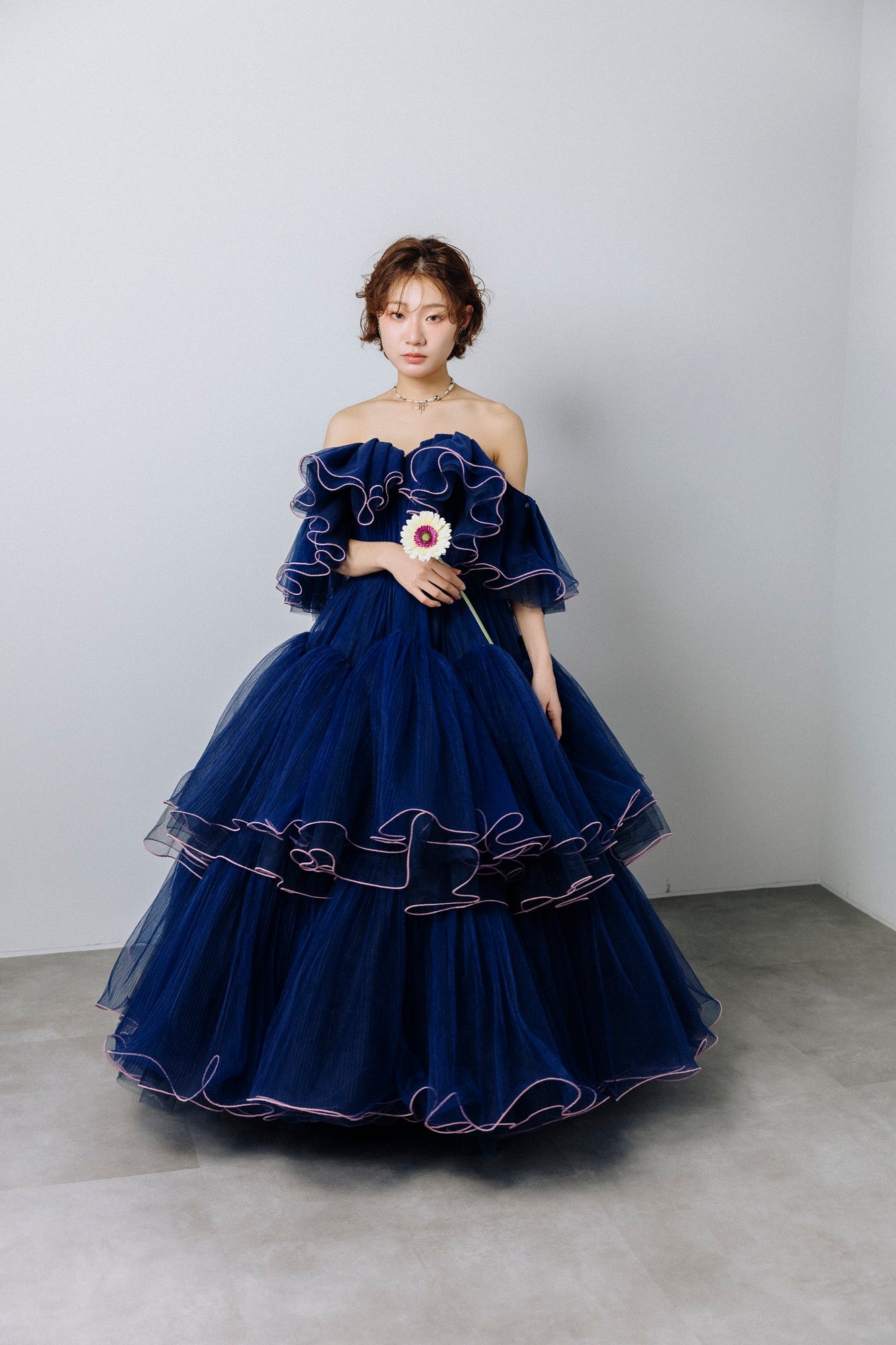 pleated cascade dress(Navy)