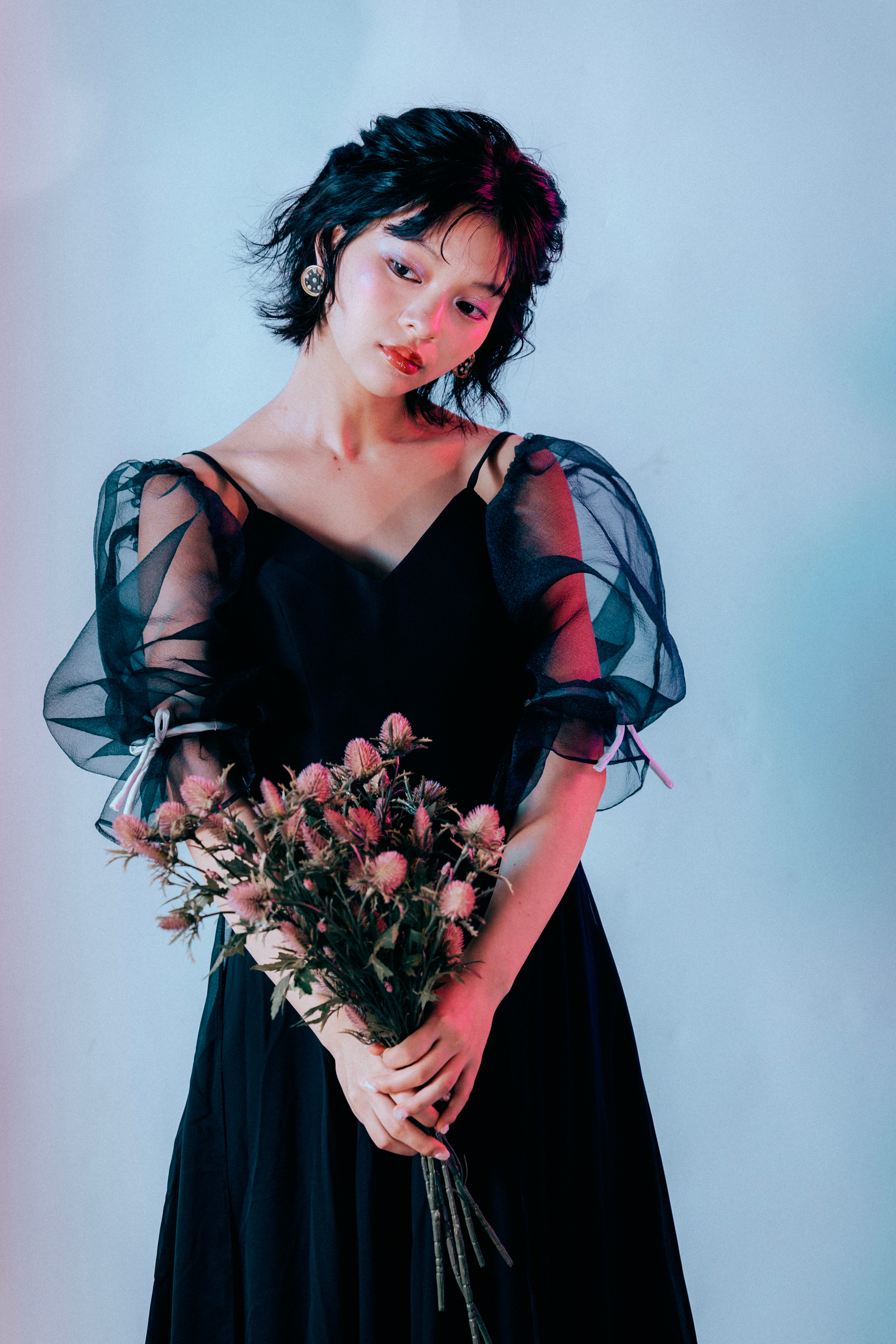 sheer puff sleeve dress(Black)