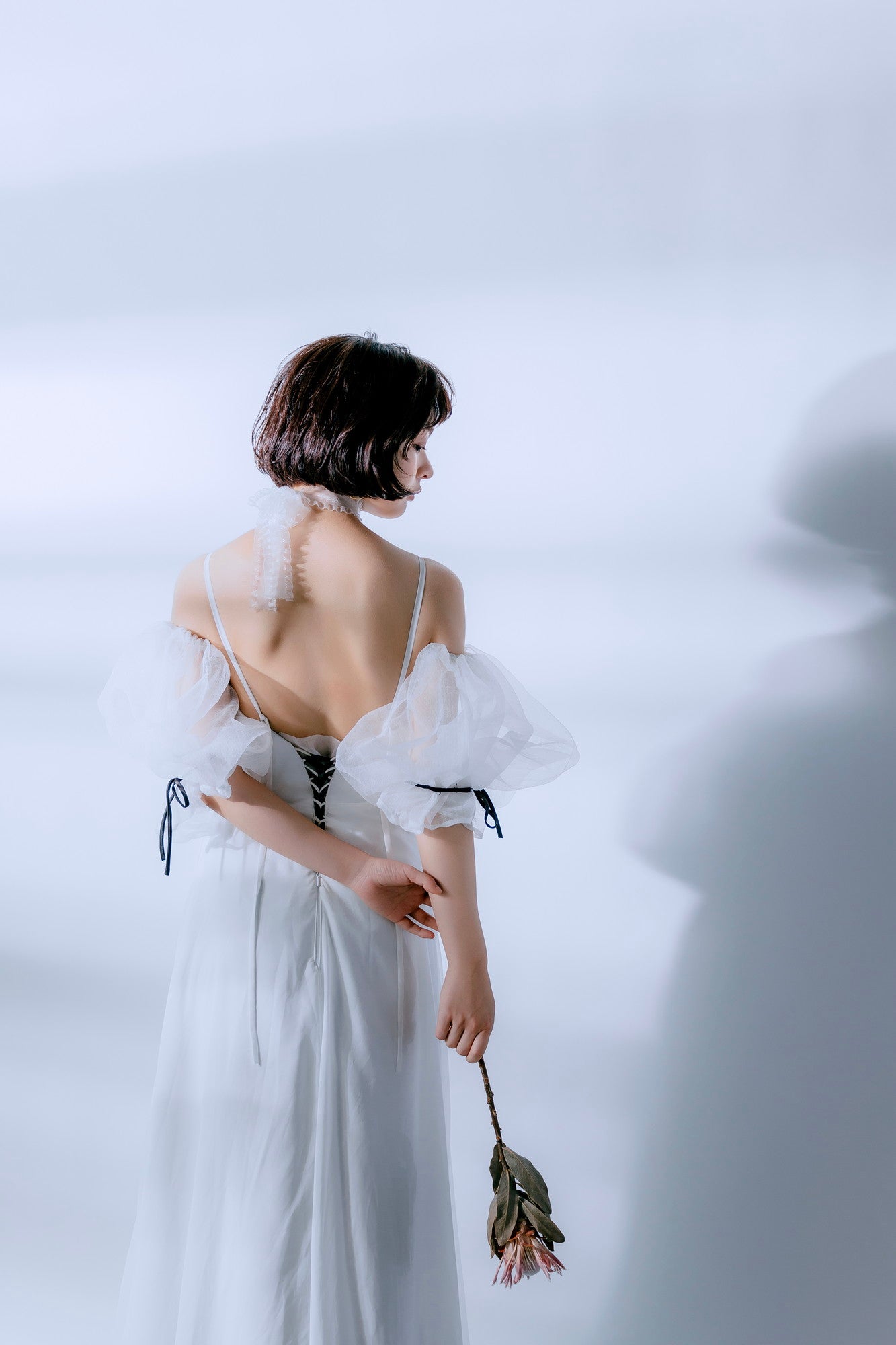 sheer puff sleeve dress(White)