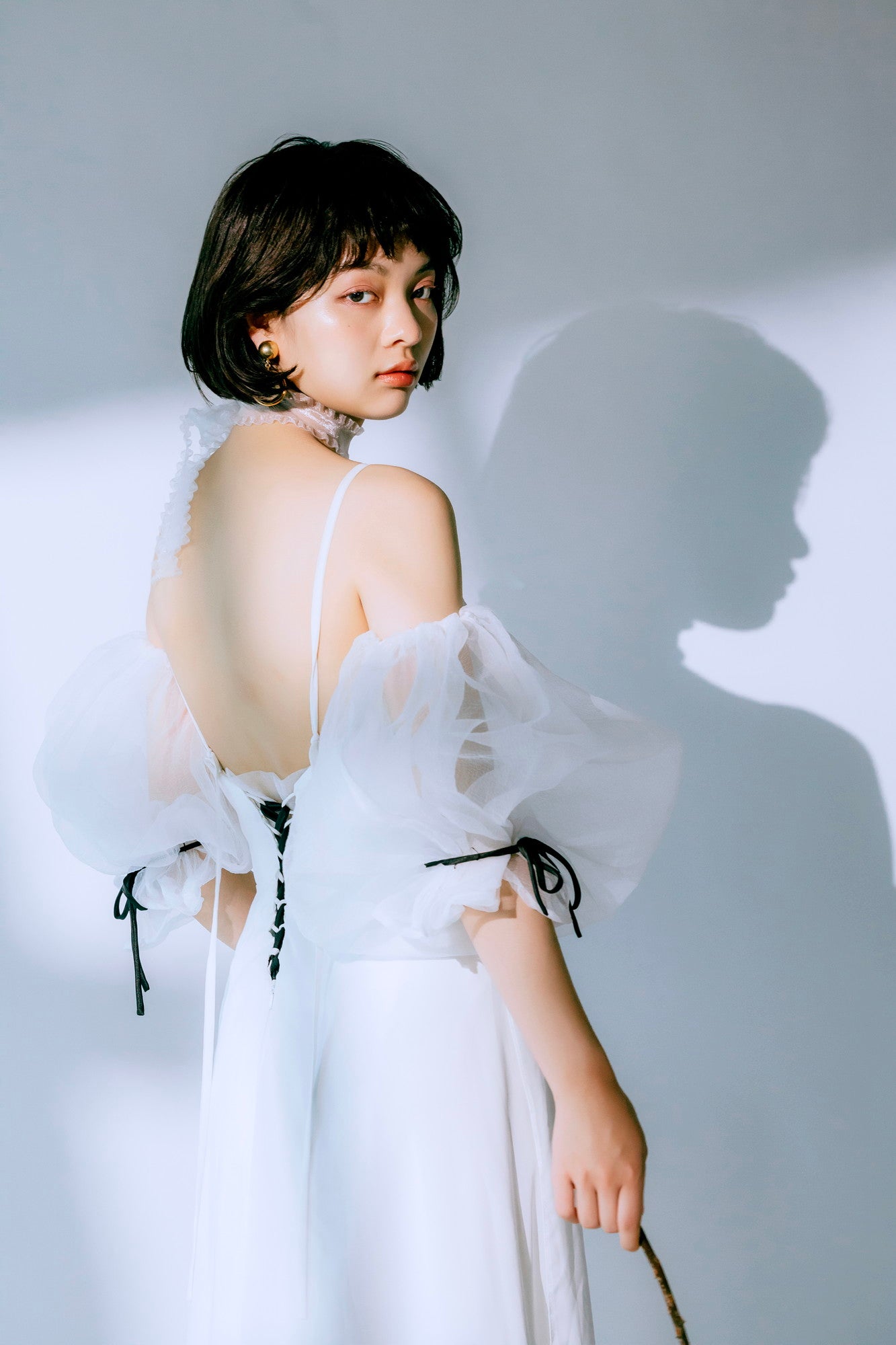 sheer puff sleeve dress(White)