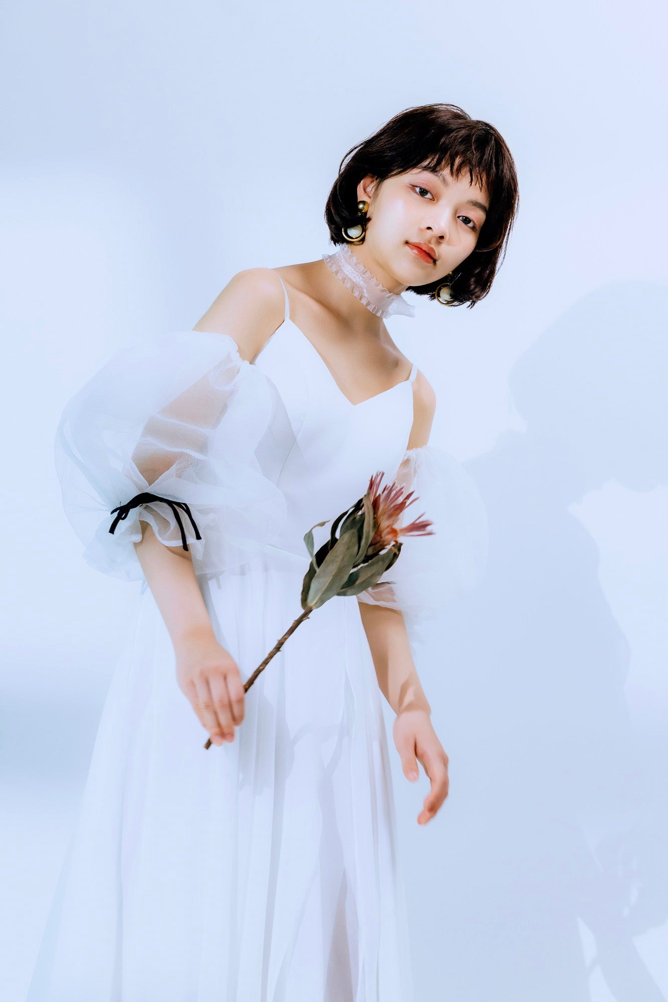 sheer puff sleeve dress(White)