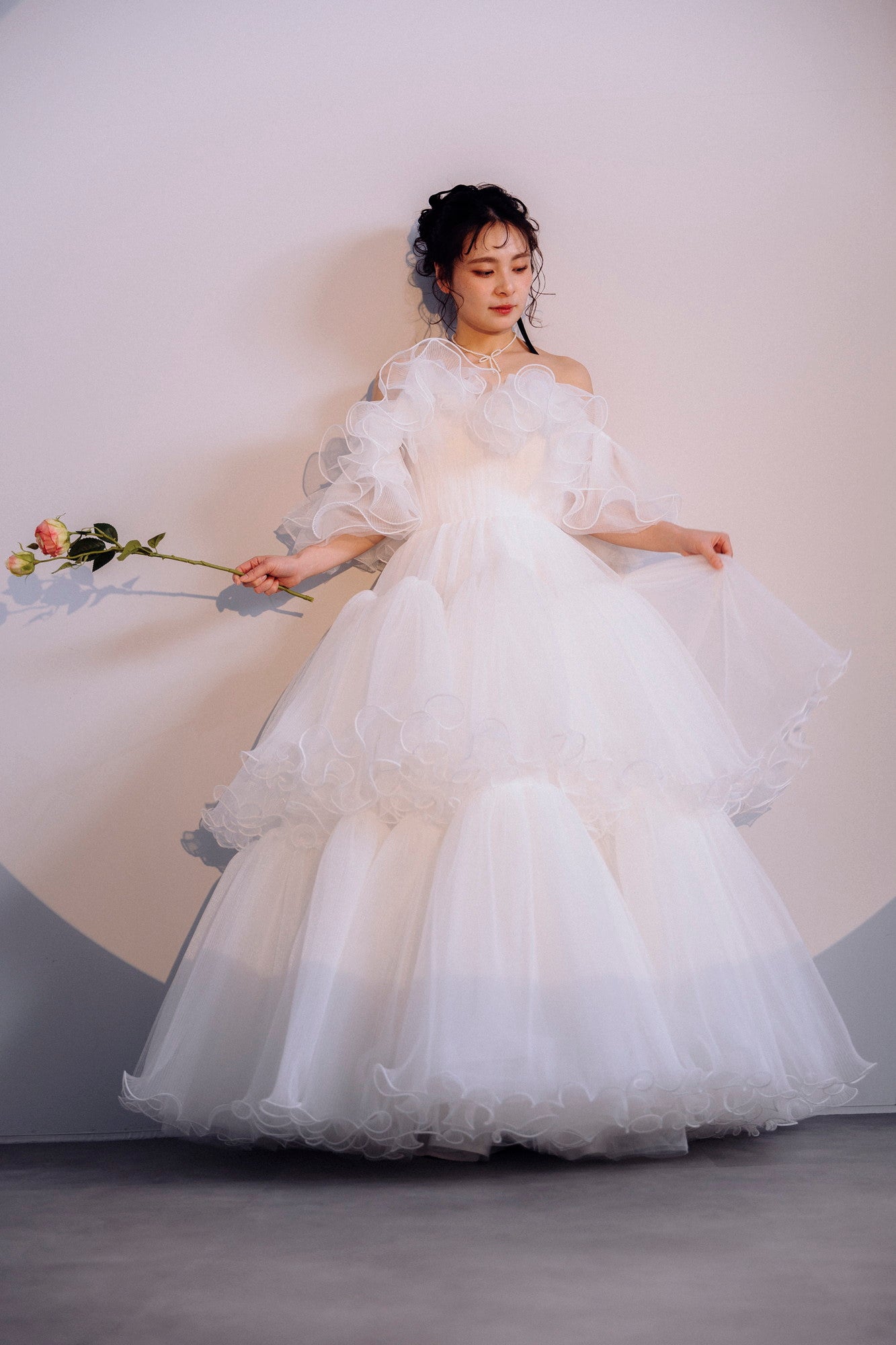 pleated cascade dress(White)