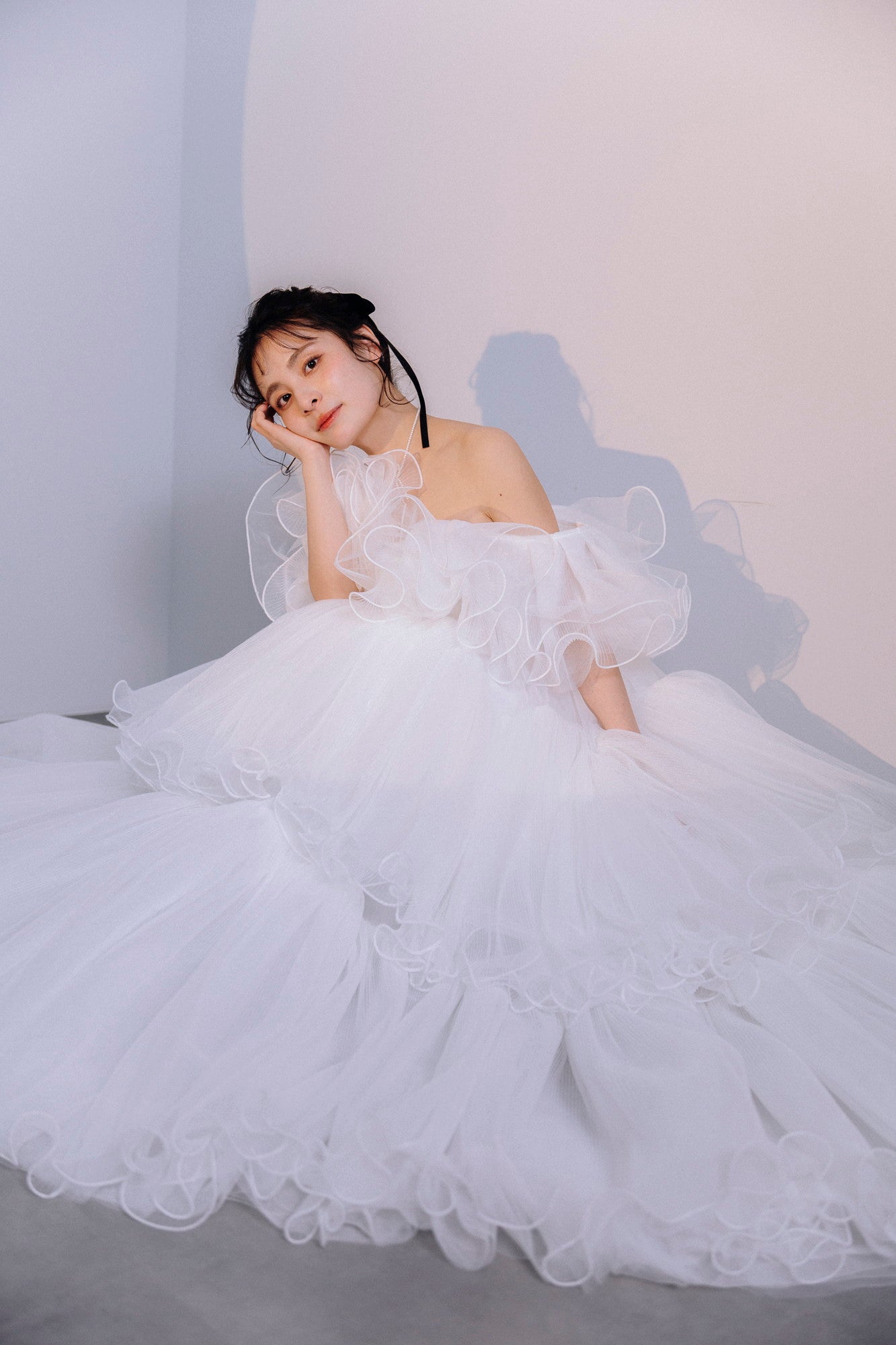 pleated cascade dress(White)