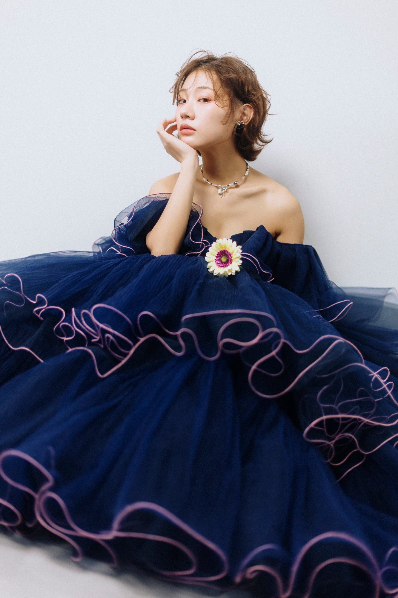 pleated cascade dress(Navy)