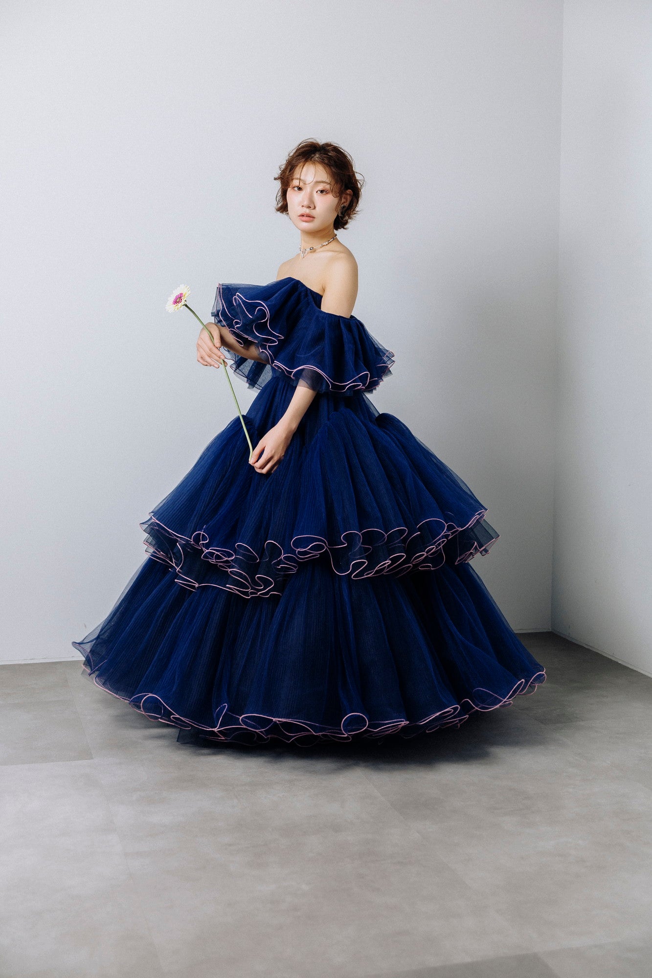 pleated cascade dress(Navy)