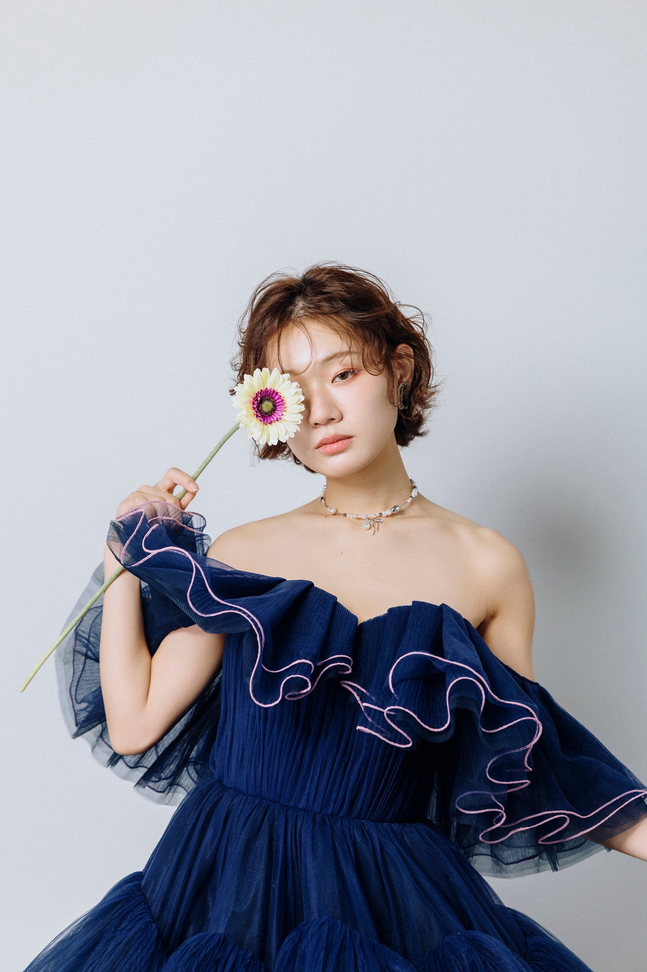 pleated cascade dress(Navy)