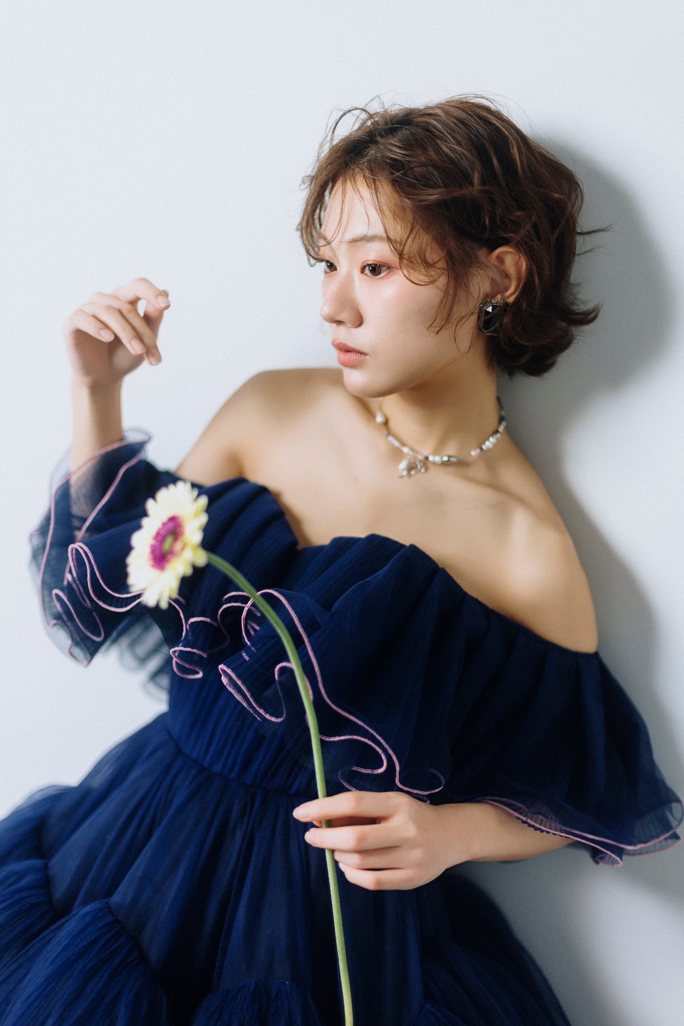 pleated cascade dress(Navy)