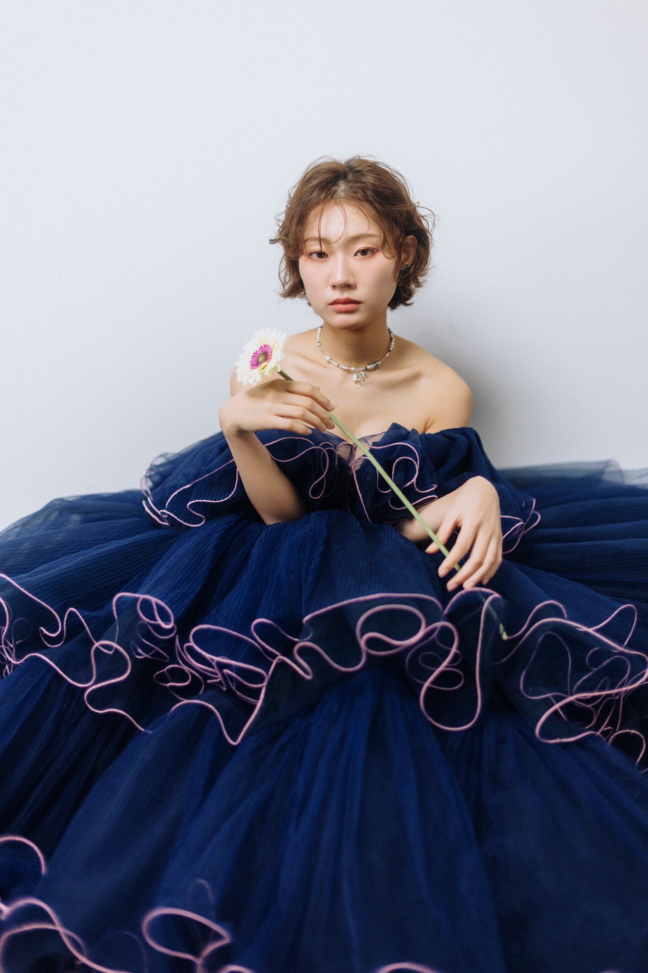 pleated cascade dress(Navy)