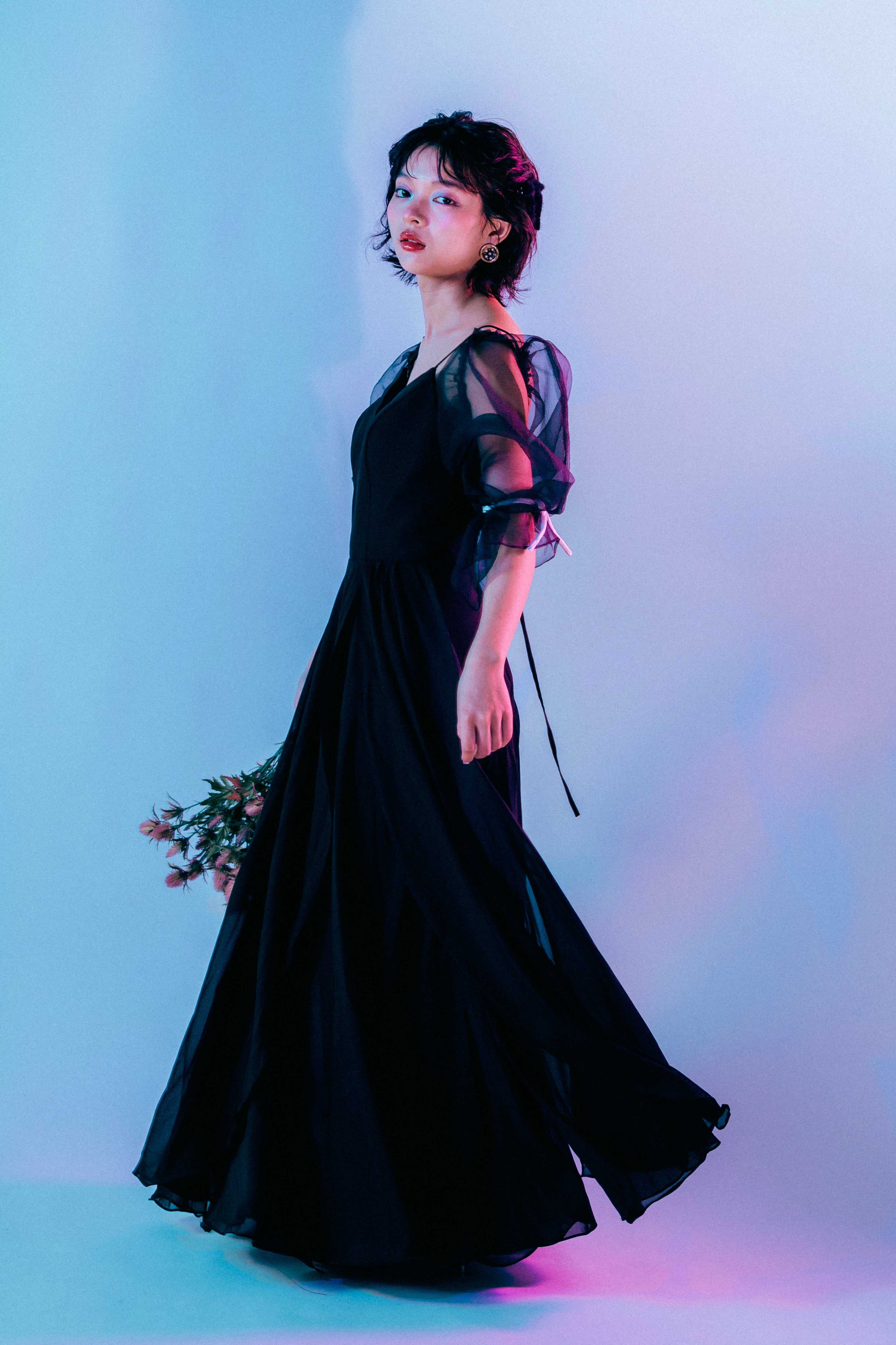 sheer puff sleeve dress(Black)