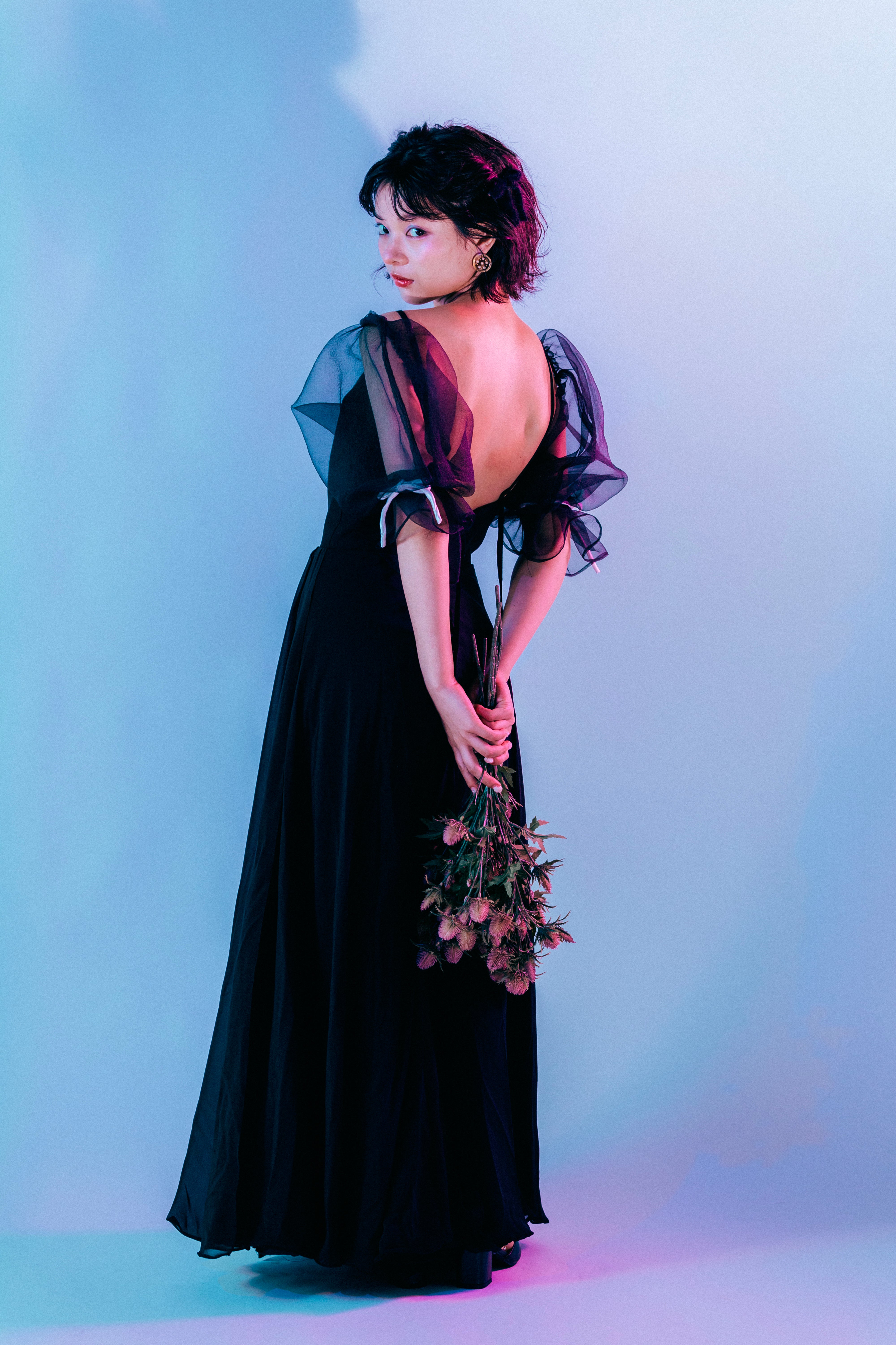 sheer puff sleeve dress(Black)