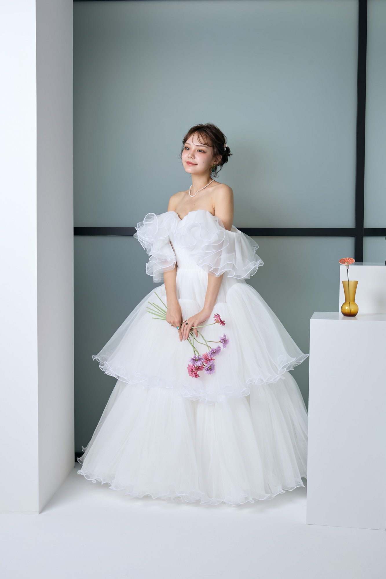 pleated cascade dress(White)